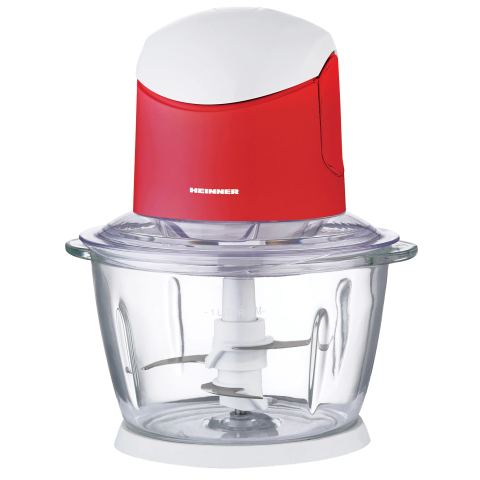 ELECTROCASNICE - RESIGILATE - Tocator de legume Heinner HMC-K500WHR, 500W, 1 l, 2 cutite din inox, angrenaj metalic, baza anti-alunecare, bol sticla, sistem de siguranta, alb/rosu