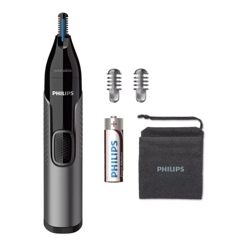 Ingrijire Personala - Trimmer pentru nas/urechi PHILIPS NT3650/16, baterie, lavabil, tehnologie Precision Trim, otel inoxidabil, pieptene pentru sprancene, pieptene 5 mm, Gri