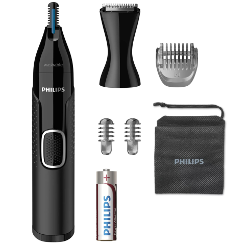 Trimmer pentru nas/urechi Philips NT5650/16, baterie, lavabil, utilizare umed si suscat, tehnologie Precision Trim, otel inoxidabil, pieptene pentru sprancene, 2 piepteni 3-5 mm, Negru [1]