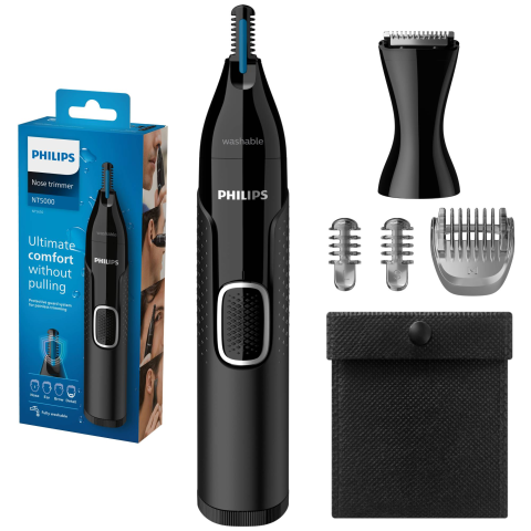 ACCESORII - Trimmer pentru nas/urechi Philips NT5650/16, baterie, lavabil, utilizare umed si suscat, tehnologie Precision Trim, otel inoxidabil, pieptene pentru sprancene, 2 piepteni 3-5 mm, Negru