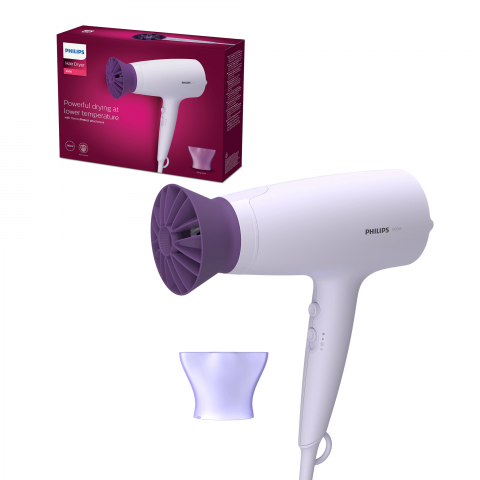 Uscatoare de Par - Uscator de par Philips BHD341/10, 2100W, accesoriu Thermo Protect, 3 trepte de temperatura, 2 trepte de viteza, cap de coafare 14 mm, Lila