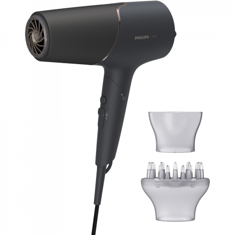 Uscatoare de Par - Uscator de par Philips BHD538/30, 2300W, tehnologie ThermoShield, ingrijire cu ioni, 3 setari de temperatura, 2 setari de viteza, difuzor, cap de coafare 11 mm, Negru/Roz