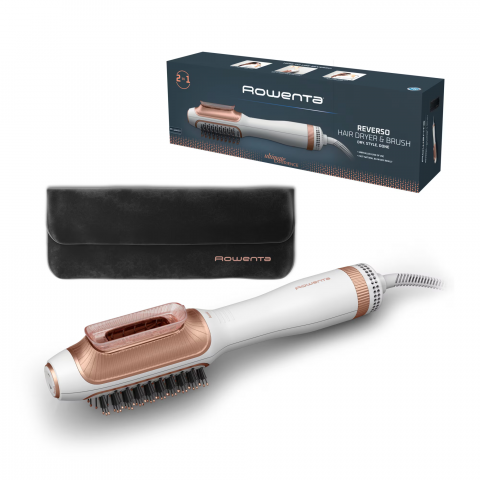 Uscatoare de Par - Uscator de par si perie cu aer cald Rowenta Reverso 2 in 1 CF9820F0, 2 trepte de viteza/temperatura, husa transport inclusa, alb & auriu