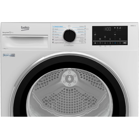 Uscator de rufe Beko B5T68233, Pompa de caldura EcoGentle™, 8 kg, 15 programe, Clasa E, RecycledDry, IronFinish, Hygienic Reresh, SteamCure, Alb [1]