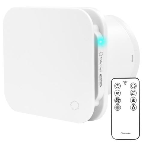SANITARE - RESIGILATE - Ventilator de baie multifunctional Turbionaire Trend Plus, Telecomanda, Consum max. 5.7W, 7 viteze + Boost, Motor DC Brushless, Clapeta anti retur, Timer reglabil, Debit aer 85mc/h, Silentios, Diametr