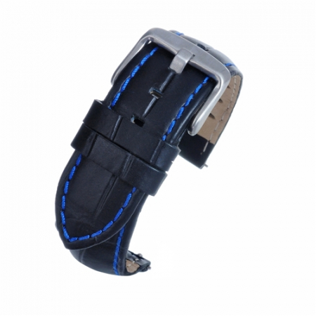 Curele piele - Curea Ceas Neagra Croco Cusatura Albastra 22mm