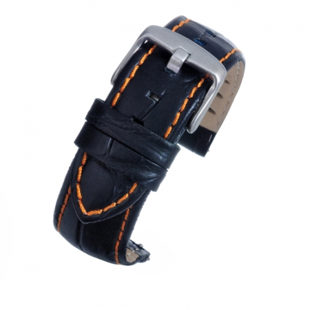 Curele Ceasuri - Curea Ceas Neagra Croco Cusatura Portocalie 18mm