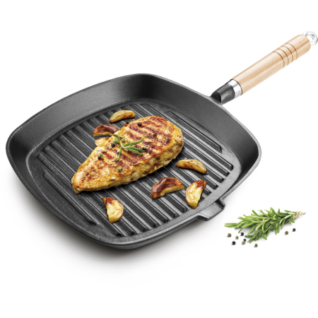 Tigaie grill LM 24x24 cm cu maner de lemn