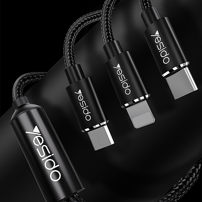 Cablu de Date 3in1 USB la Lightning, Type-C, Micro USB 60W, 3A, 1.2m - Yesido (CA-60) - Negru [5]