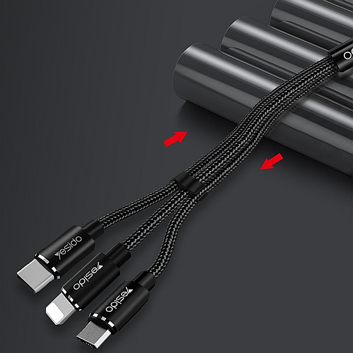Cablu de Date 3in1 USB la Lightning, Type-C, Micro USB 60W, 3A, 1.2m - Yesido (CA-60) - Negru [2]