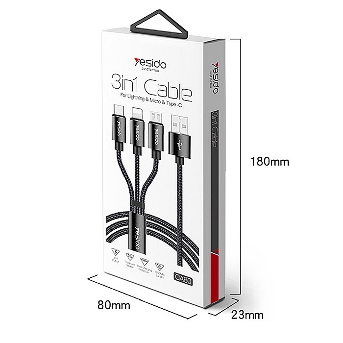 Cablu de Date 3in1 USB la Lightning, Type-C, Micro USB 60W, 3A, 1.2m - Yesido (CA-60) - Negru [7]