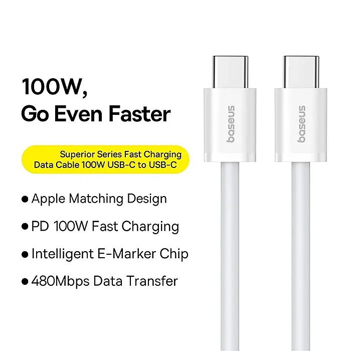 Cablu de date (incarcare) USB-C la USB-C (Type C) 100W / 480 Mbps, 2 metri lungime, Baseus - Alb [6]
