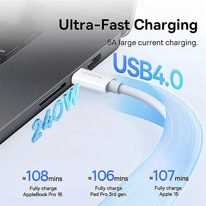 Cablu de date (incarcare) USB-C la USB-C (Type C) 240W / 40 Gbps, 1 metri lungime, Baseus - Alb [10]
