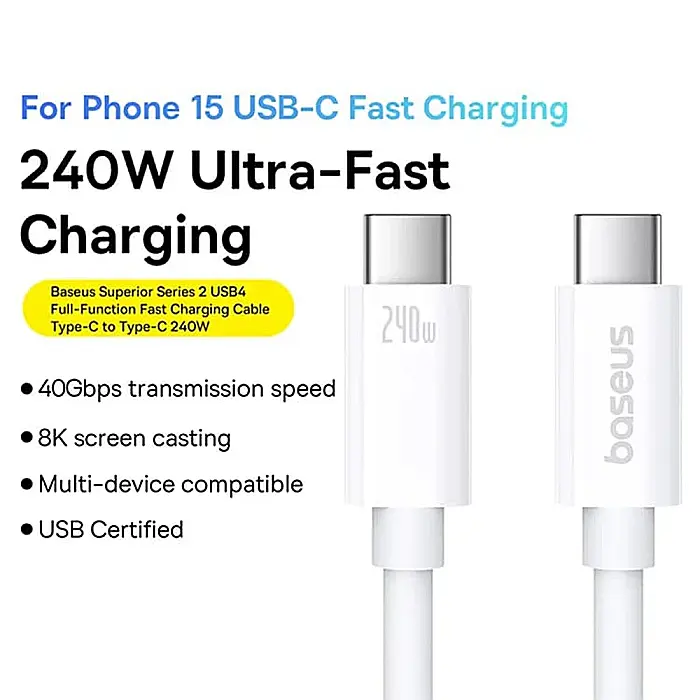 Cablu de date (incarcare) USB-C la USB-C (Type C) 240W / 40 Gbps, 1 metri lungime, Baseus - Alb [7]