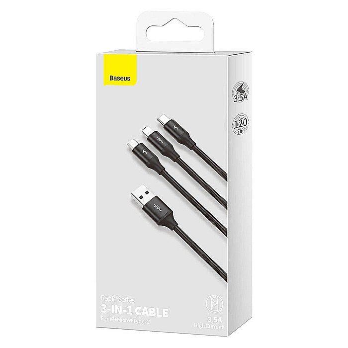 Cablu de Date 3in1 USB la Type-C, Lightning, Micro USB, 3.5A, 1.2m - Baseus Rapid Series (CAJS000001) - Negru [7]