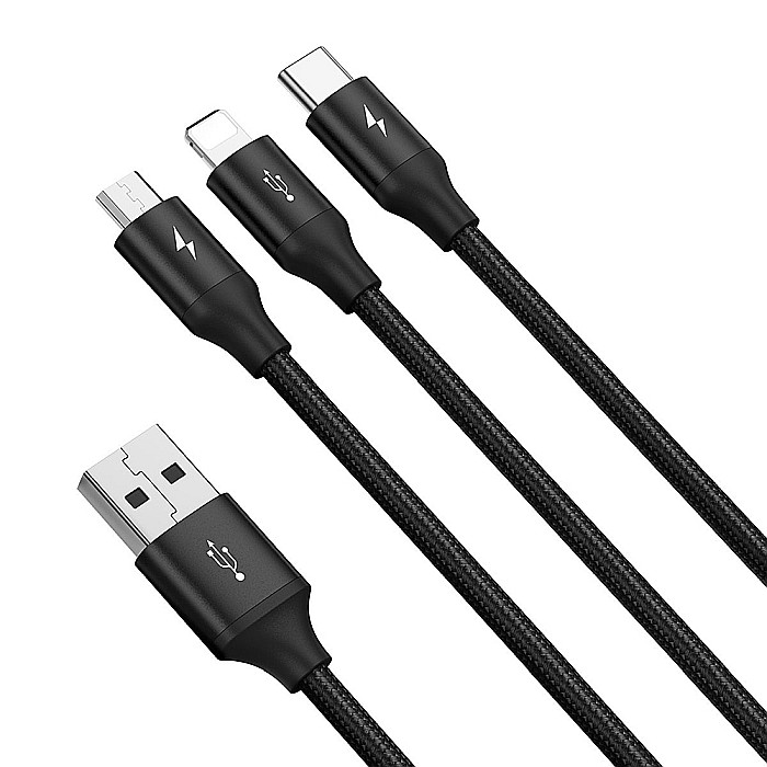 Cablu de Date 3in1 USB la Type-C, Lightning, Micro USB, 3.5A, 1.2m - Baseus Rapid Series (CAJS000001) - Negru [2]