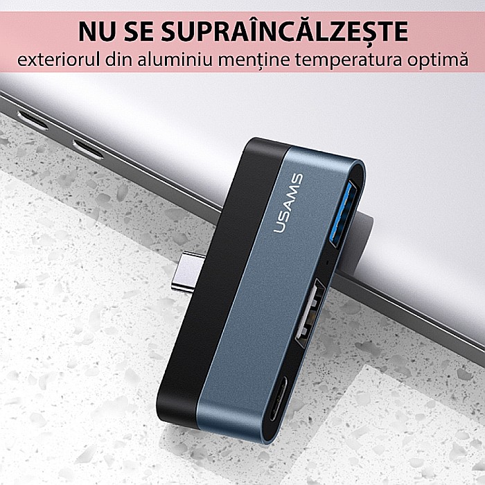 HUB USB Type-C - Porturi: 1x USB, USB Type-C, Micro SD - USAMS mini (US-SJ491) - Dark Gray [12]