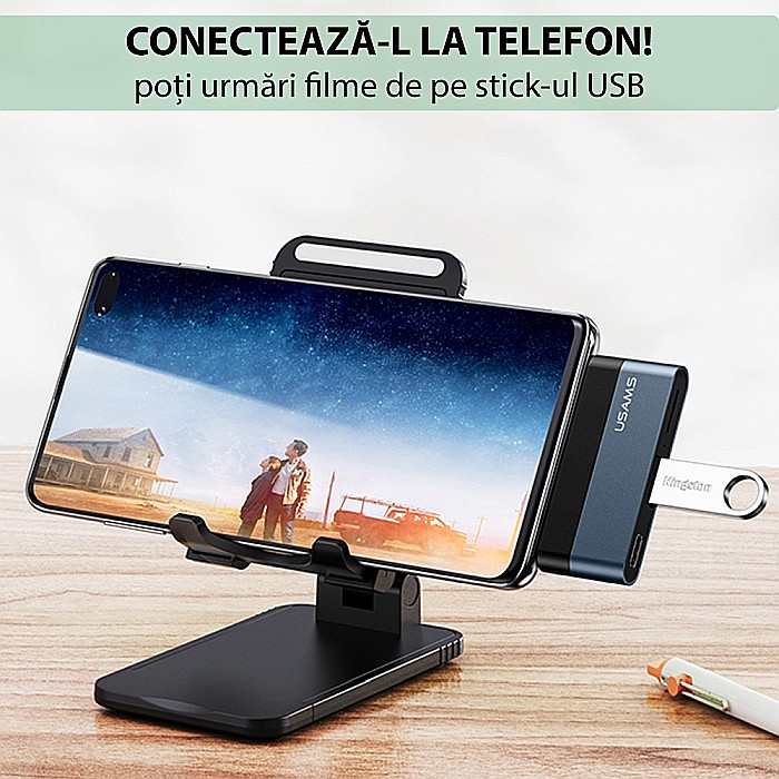 HUB USB Type-C - Porturi: 1x USB, USB Type-C, Micro SD - USAMS mini (US-SJ491) - Dark Gray [13]
