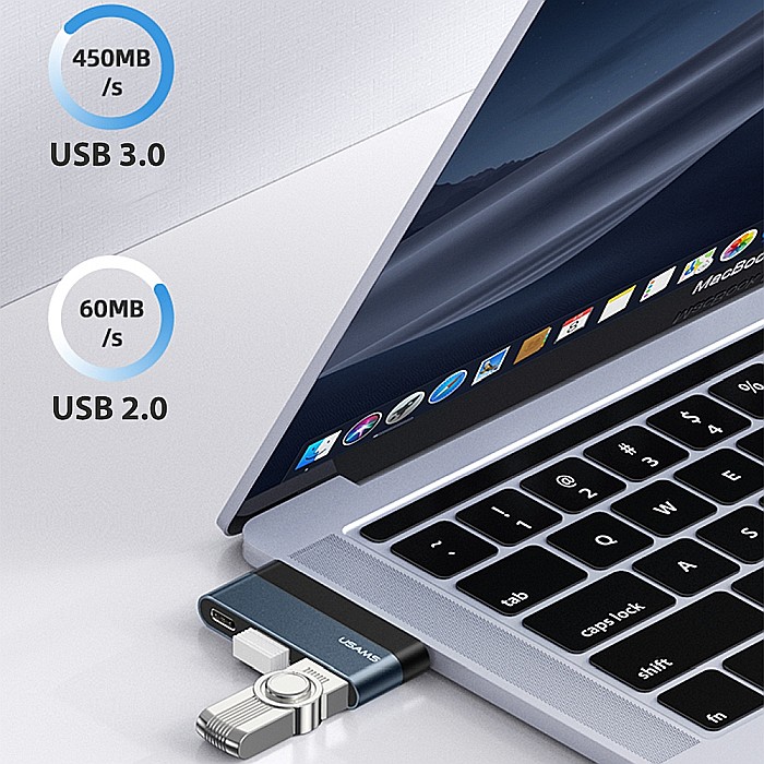 HUB USB Type-C - Porturi: 1x USB, USB Type-C, Micro SD - USAMS mini (US-SJ491) - Dark Gray [10]