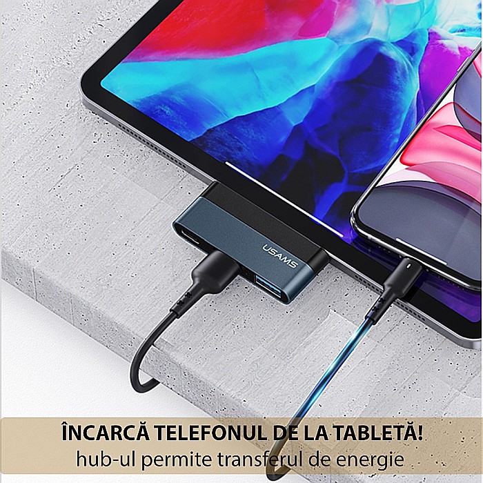 HUB USB Type-C - Porturi: 1x USB, USB Type-C, Micro SD - USAMS mini (US-SJ491) - Dark Gray [11]