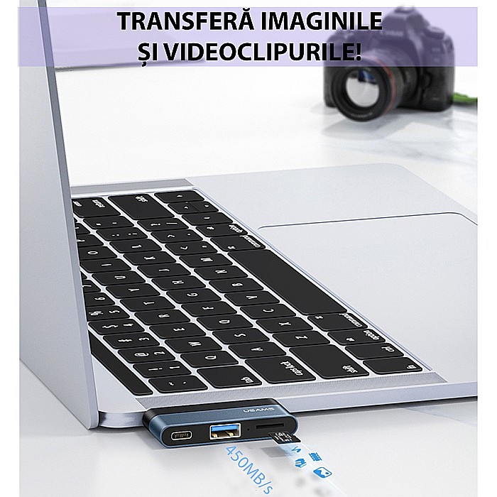 HUB USB Type-C - Porturi: 1x USB, USB Type-C, Micro SD - USAMS mini (US-SJ491) - Dark Gray [4]