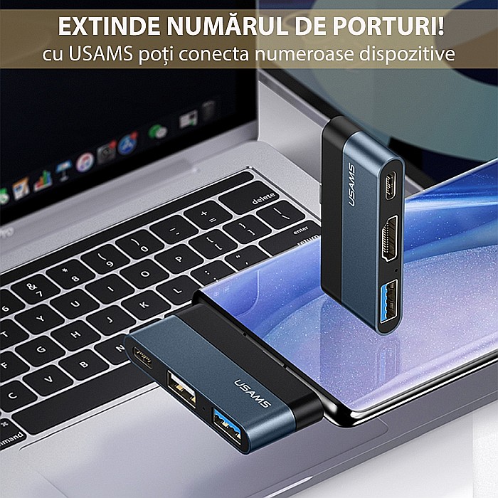 HUB USB Type-C - Porturi: 1x USB, USB Type-C, Micro SD - USAMS mini (US-SJ491) - Dark Gray [14]