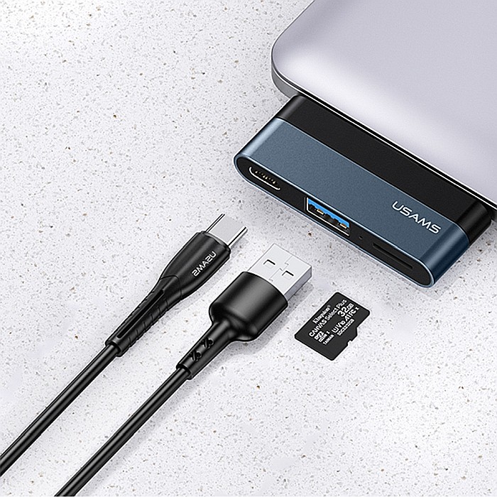 HUB USB Type-C - Porturi: 1x USB, USB Type-C, Micro SD - USAMS mini (US-SJ491) - Dark Gray [2]