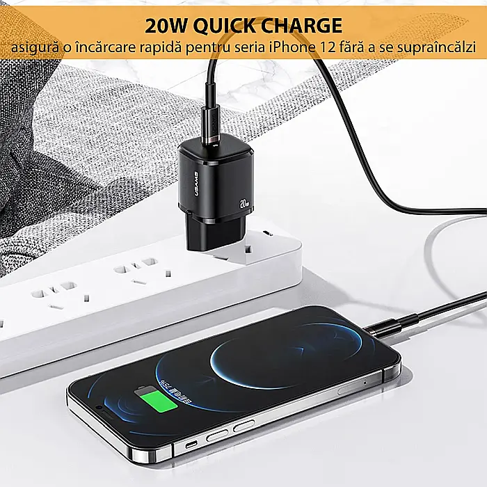 Charger, incarcator retea 240V, Type-C PD 20W + Cablu Lightning 1.2m - Usams (XFKXLOGTL01) - Negru [7]