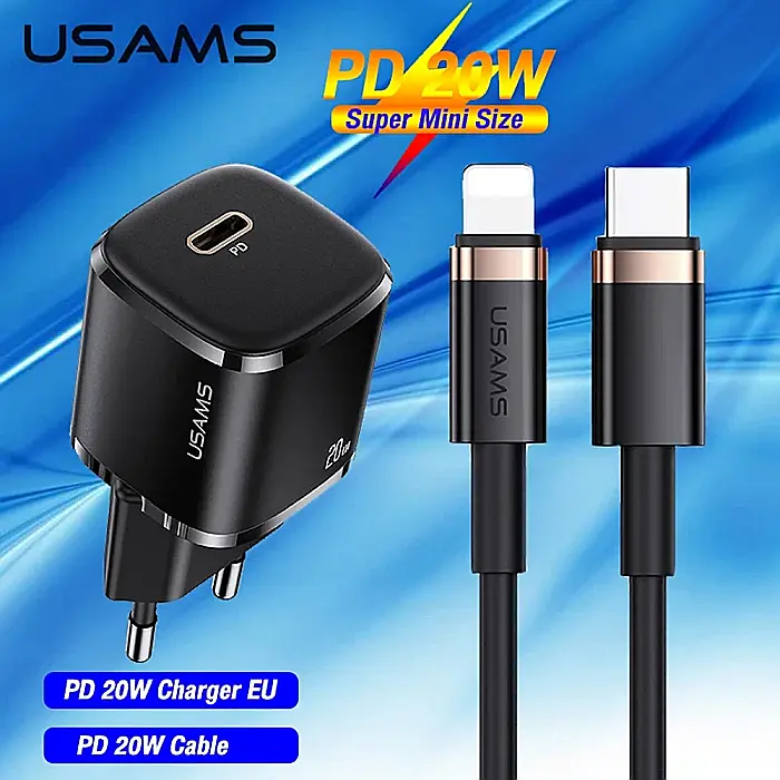 Charger, incarcator retea 240V, Type-C PD 20W + Cablu Lightning 1.2m - Usams (XFKXLOGTL01) - Negru [3]