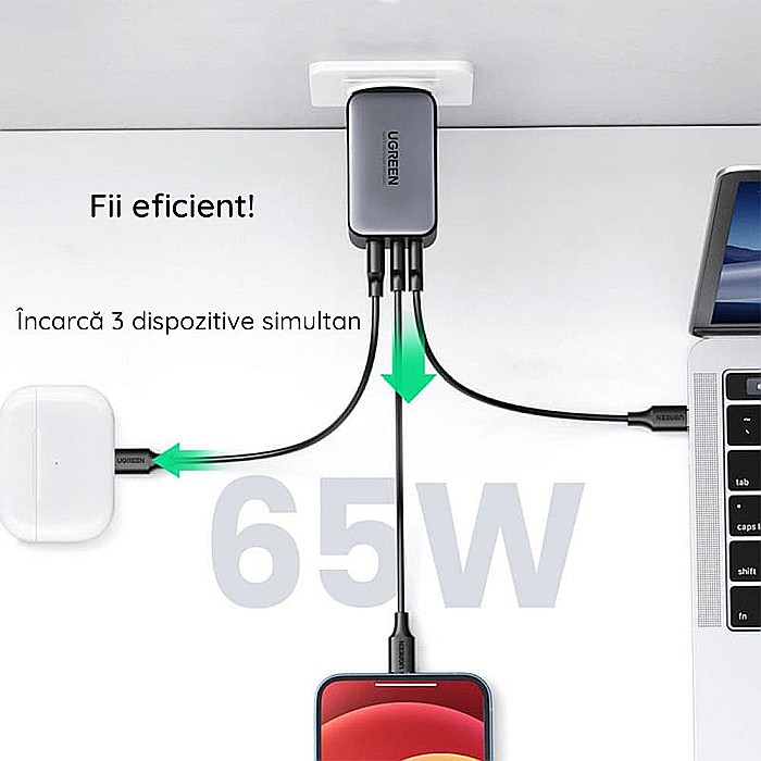 Charger, incarcator retea 240V, USB QC3.0, 2xUSB Type-C PD GaN 65W, 3.25A - Ugreen Nexode (15334) - Alb [4]