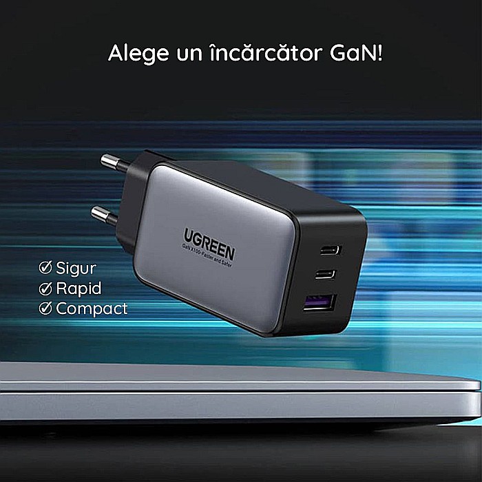 Charger, incarcator retea 240V, USB QC3.0, 2xUSB Type-C PD GaN 65W, 3.25A - Ugreen Nexode (15334) - Alb [6]