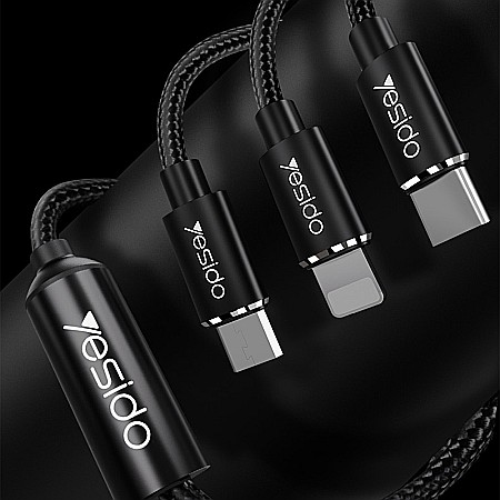Cablu de Date 3in1 USB la Lightning, Type-C, Micro USB 60W, 3A, 1.2m - Yesido (CA-60) - Negru [4]