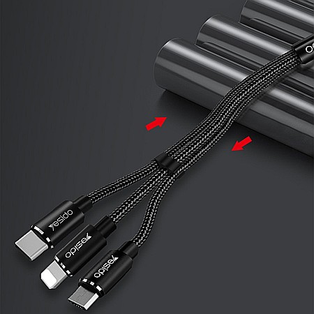 Cablu de Date 3in1 USB la Lightning, Type-C, Micro USB 60W, 3A, 1.2m - Yesido (CA-60) - Negru [1]