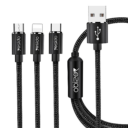 Chargere & Cabluri USB - Cablu de Date 3in1 USB la Lightning, Type-C, Micro USB 60W, 3A, 1.2m - Yesido (CA-60) - Negru