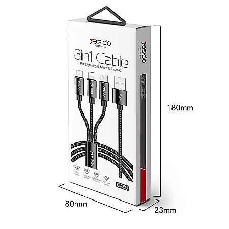 Cablu de Date 3in1 USB la Lightning, Type-C, Micro USB 60W, 3A, 1.2m - Yesido (CA-60) - Negru [6]