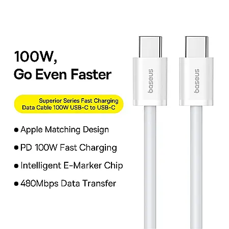 Cablu de date (incarcare) USB-C la USB-C (Type C) 100W / 480 Mbps, 2 metri lungime, Baseus - Alb [5]