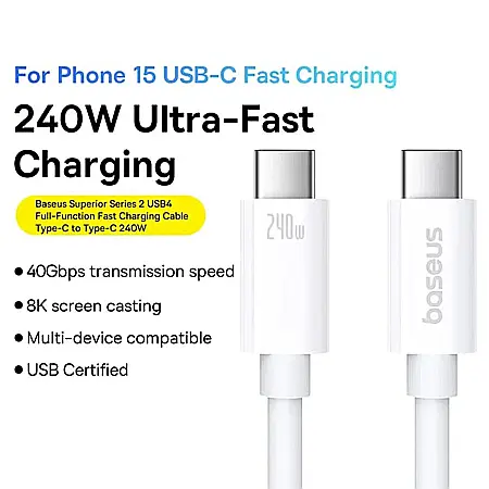Cablu de date (incarcare) USB-C la USB-C (Type C) 240W / 40 Gbps, 1 metri lungime, Baseus - Alb [6]