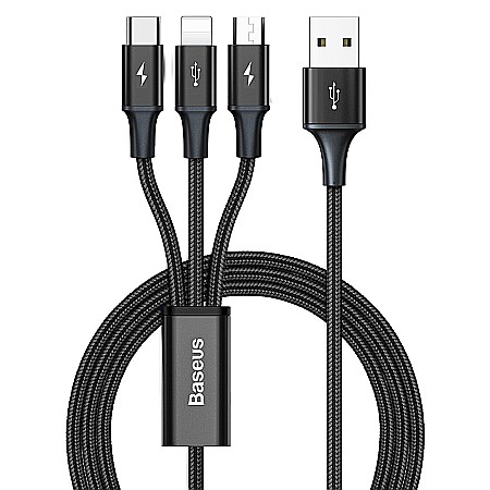 Cabluri de date Lightning - Cablu de Date 3in1 USB la Type-C, Lightning, Micro USB, 3.5A, 1.2m - Baseus Rapid Series (CAJS000001) - Negru