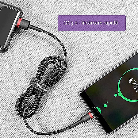 Cablu de Date USB la Type-C, 2A, 2m - Baseus Cafule (CATKLF-C91) - Red Black [2]