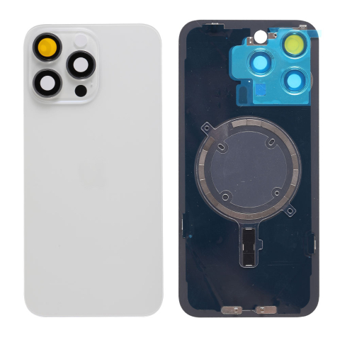 Piese & Accesorii iPhone - Capac spate sticla iPhone 15 Pro Max cu magnet, fara NFC, culoare White Titanium