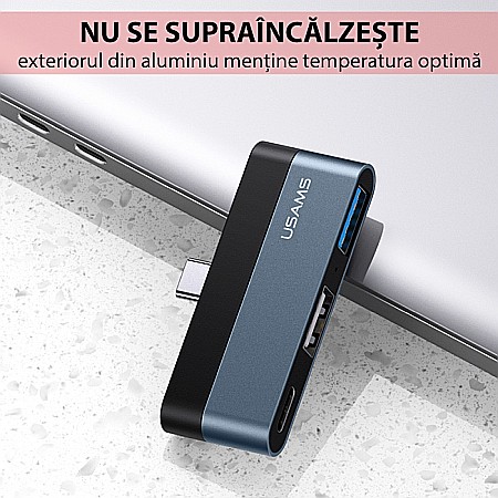 HUB USB Type-C - Porturi: 1x USB, USB Type-C, Micro SD - USAMS mini (US-SJ491) - Dark Gray [11]