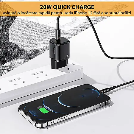 Charger, incarcator retea 240V, Type-C PD 20W + Cablu Lightning 1.2m - Usams (XFKXLOGTL01) - Negru [6]