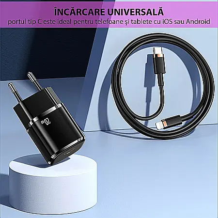 Charger, incarcator retea 240V, Type-C PD 20W + Cablu Lightning 1.2m - Usams (XFKXLOGTL01) - Negru [5]