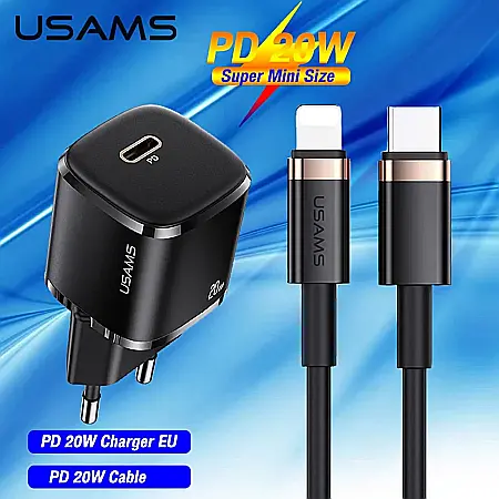 Charger, incarcator retea 240V, Type-C PD 20W + Cablu Lightning 1.2m - Usams (XFKXLOGTL01) - Negru [2]