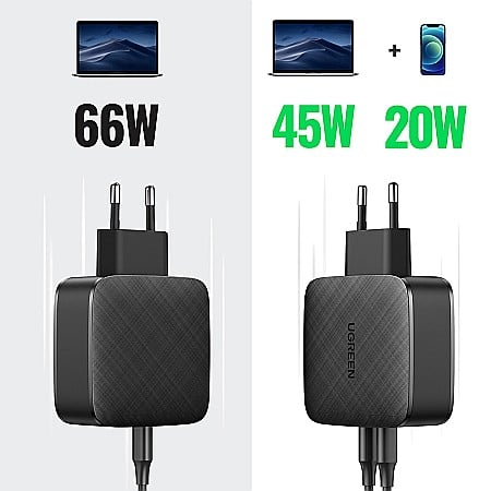Charger, incarcator retea 240V, 2x USB Type-C PD GaN 66W, 3.3A - Ugreen (70867) - Negru [4]