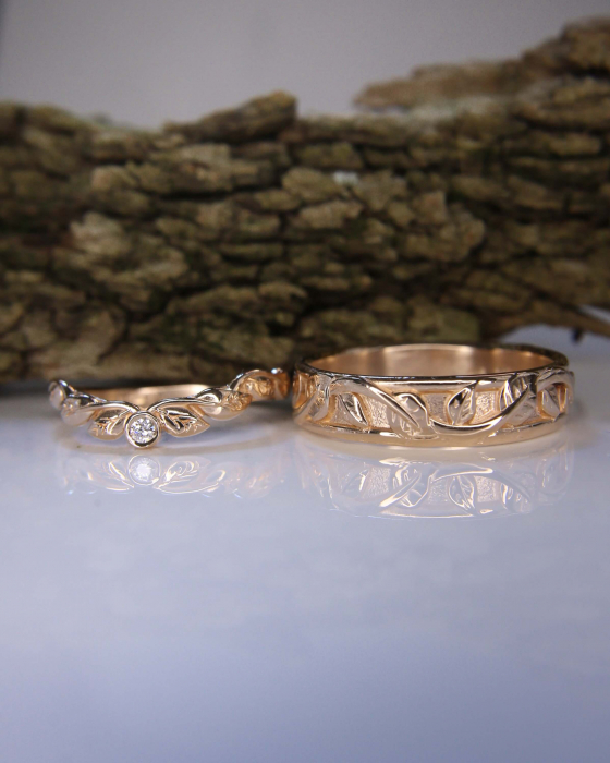 Verighete Botanical - Aur Roz 14K cu Diamant Natural [2]