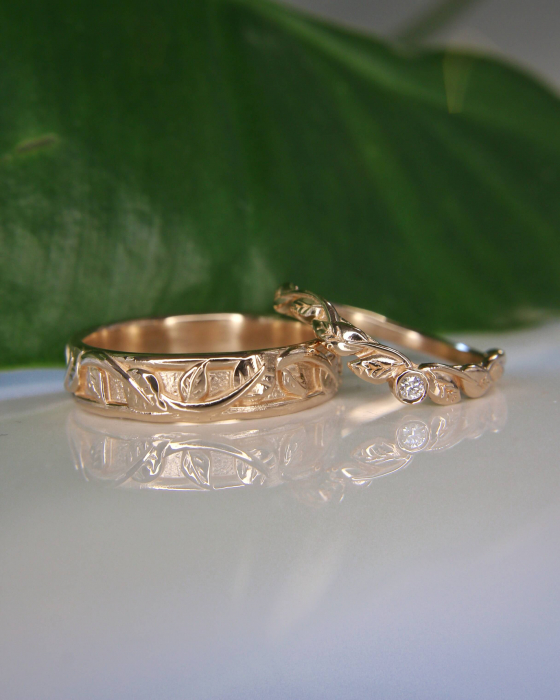 Verighete Botanical - Aur Roz 14K cu Diamant Natural [3]