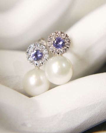 Creații Custom - Cercei Aphrodita - Aur Alb 14K cu Perle, Tanzanite și Diamante Naturale