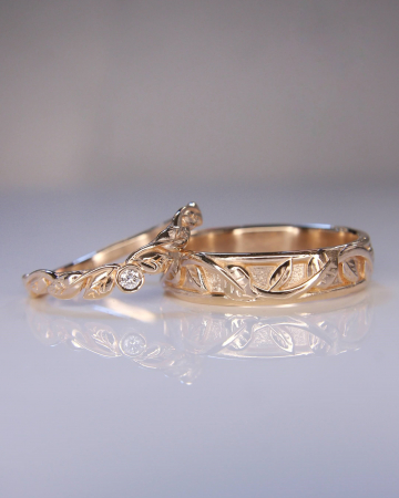 Verighete organice - Verighete Botanical - Aur Roz 14K cu Diamant Natural