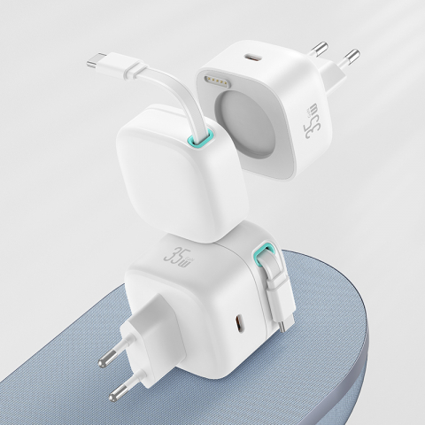 Încărcătoare, date și adaptoare - Incarcator 35W Dual Output Fast Charger With USB- C  Cablu retractabil - Alb